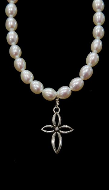 Open cross on pearls $42    on chain $34